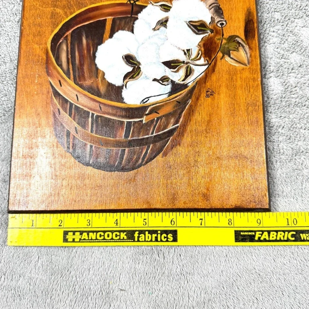 Vintage Hand Painted Wood Wall‎ Plaques Cotton Flowers Signed Betty Set of 2